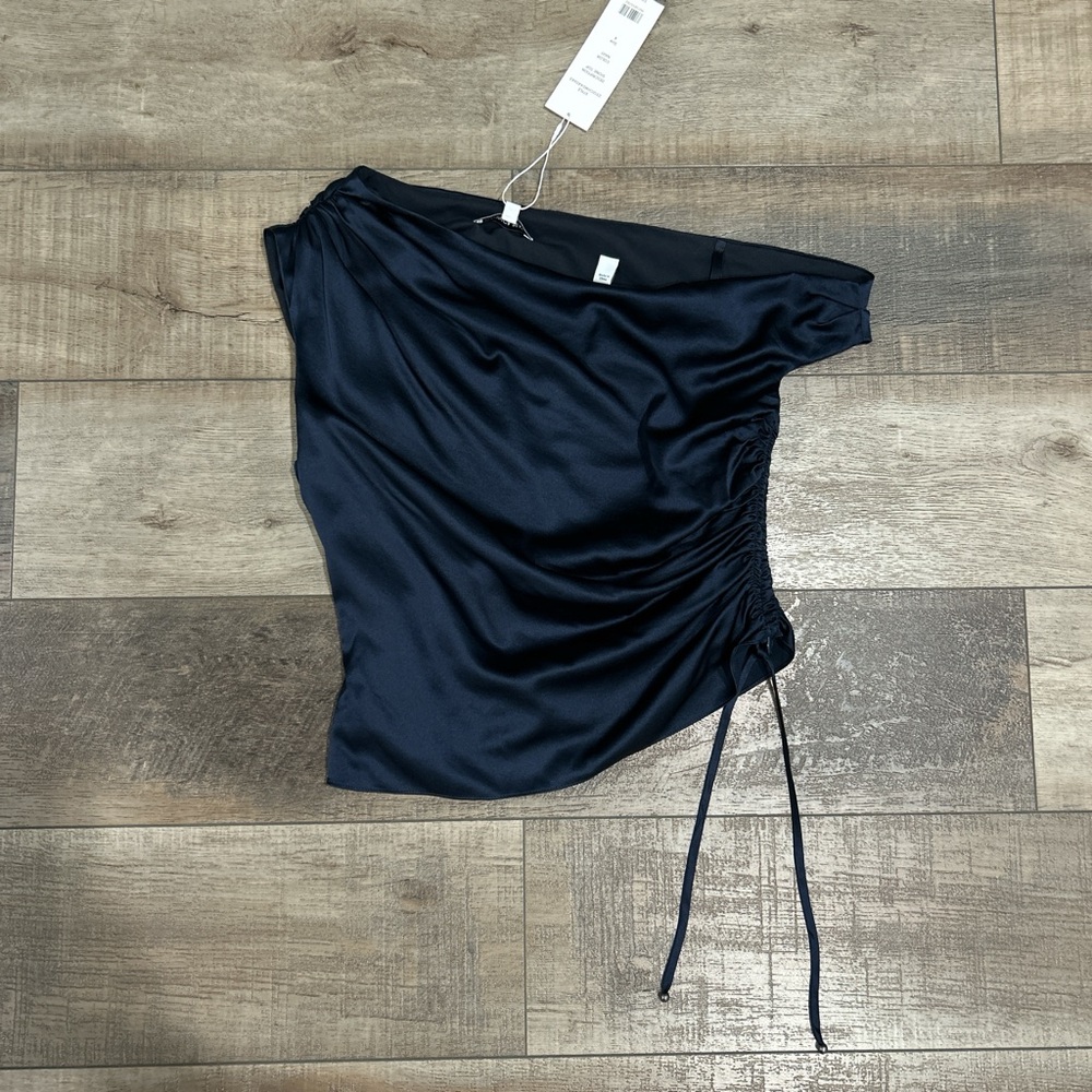 Veronica Beard Dione one shoulder draped silk satin top in navy - Picture 4 of 6